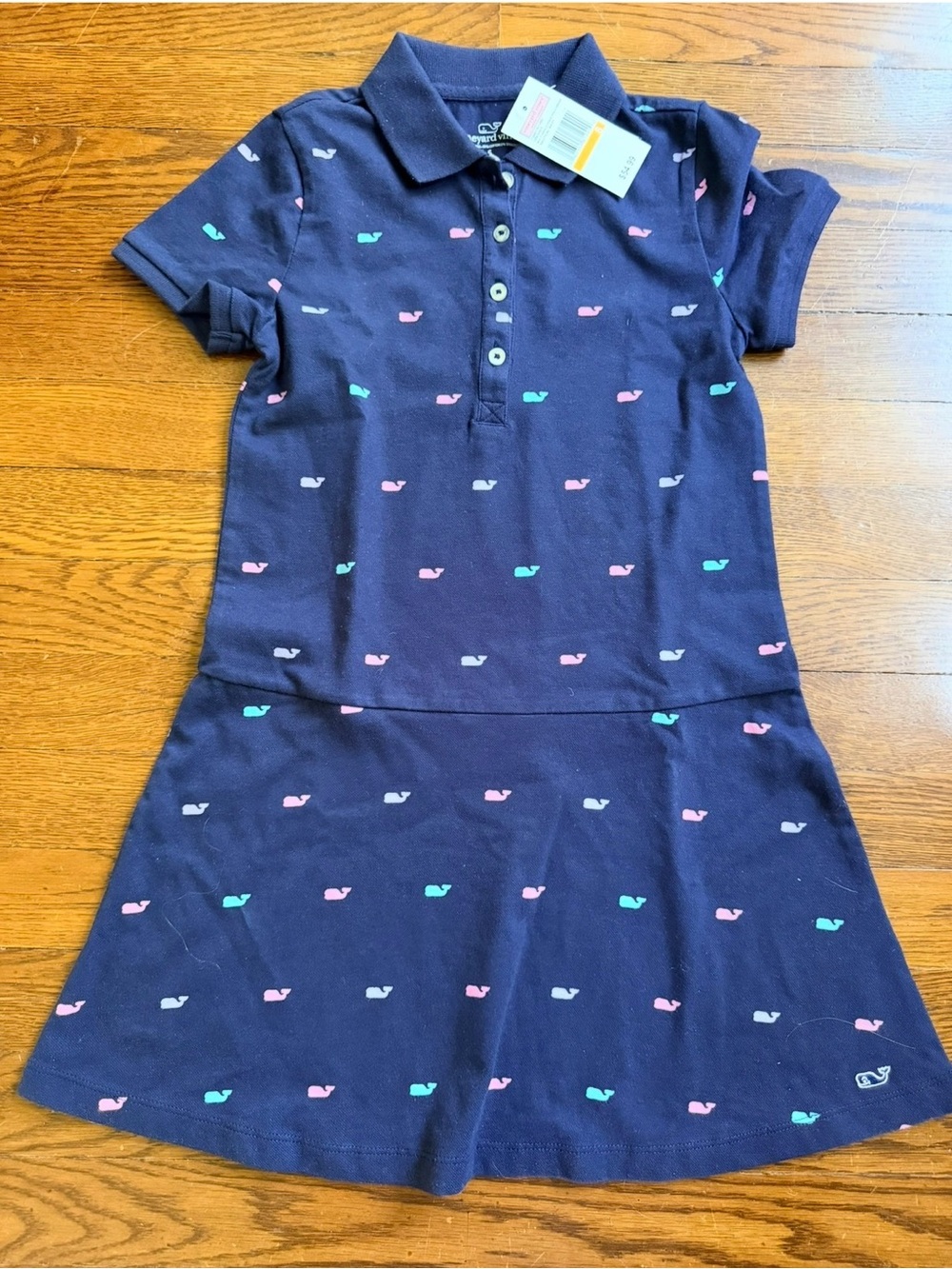 Vineyard Vines Navy Polo Dress with Pink, Teal and White Whale Motif